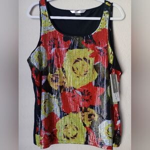 Peter Nygard Women's Floral Print Red, Black & Yellow Blouse Top Size XL